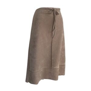 XI tan suede (faux) skirt, A-line back zip, drawstring waist outside seams L
